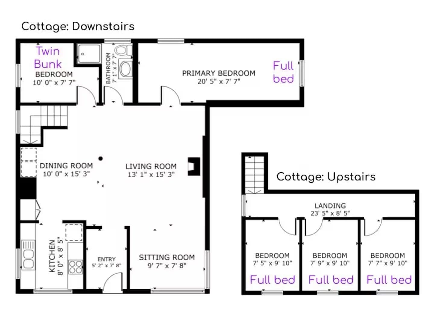 Floor plan of the cottage: downstairs with primary bedroom, living and dining rooms and kitchen; upstairs landing with three further bedrooms