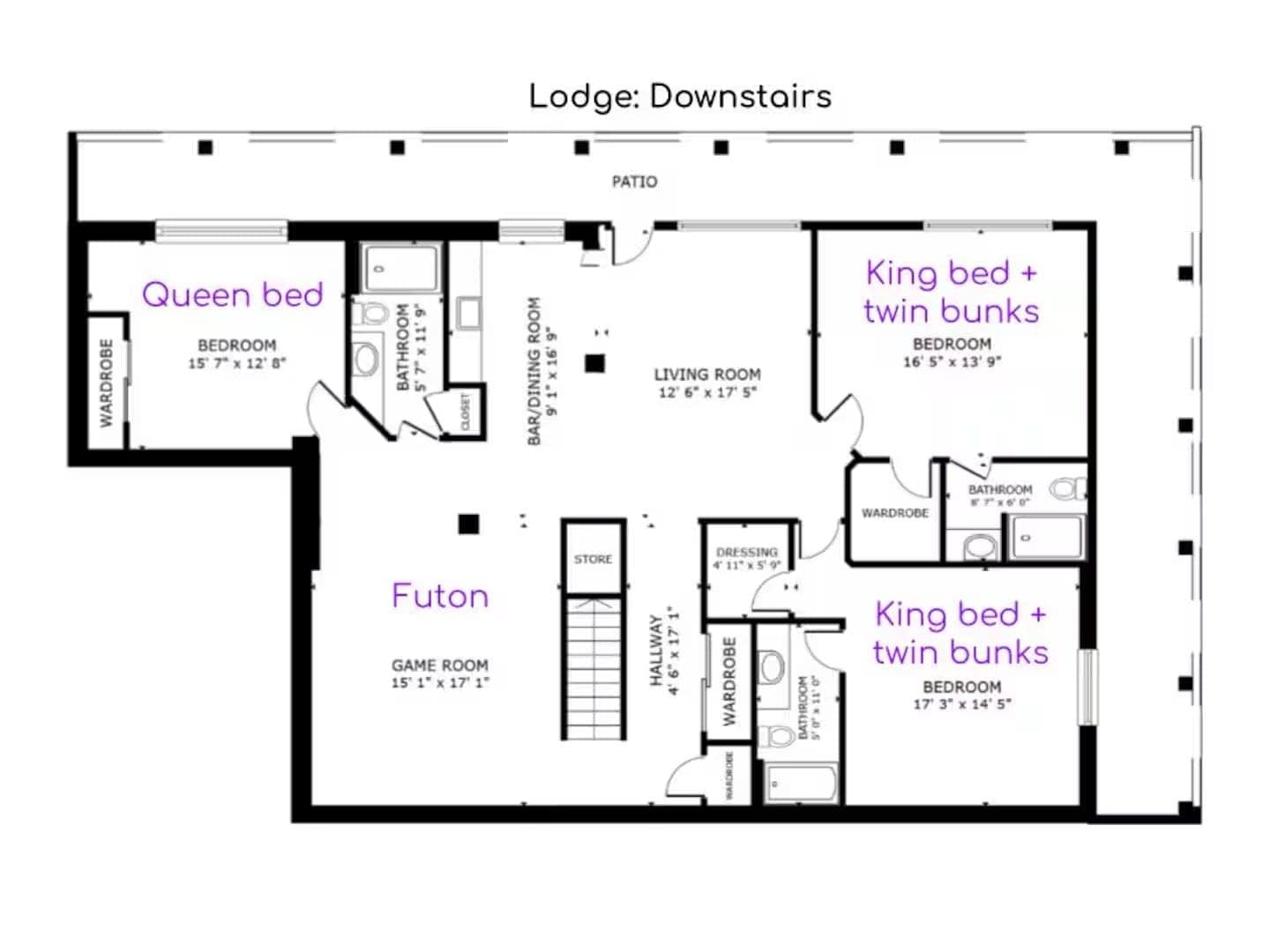 Floor plan of the Lodge downstairs: game room, living room and three bedrooms, two with king beds and twin bunks