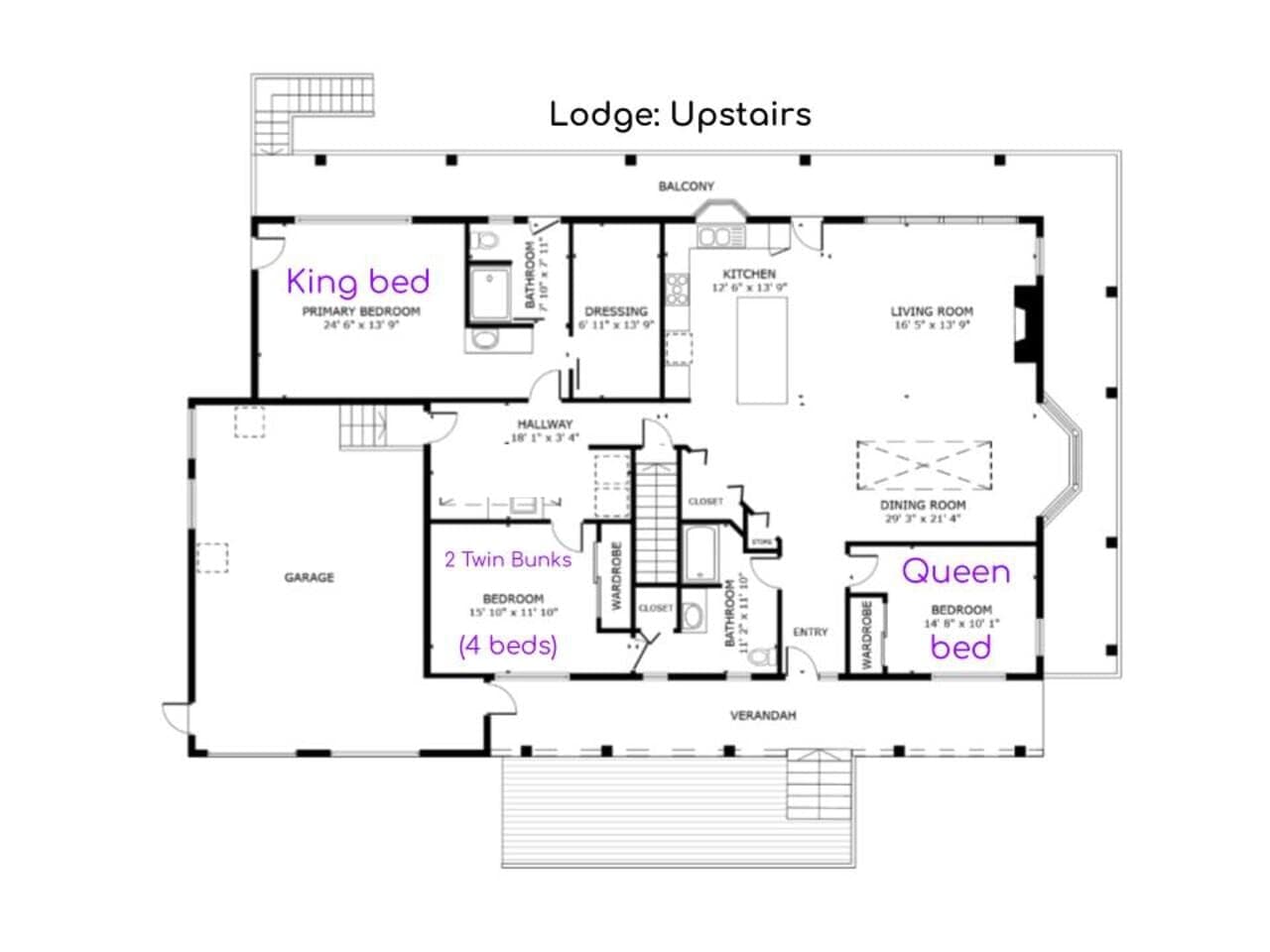 Floor plan of the Lodge upstairs: primary bedroom with king bed, two further bedrooms, kitchen, living and dining rooms